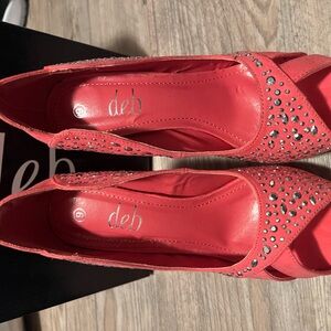 Coral color with silver gems, size 9 heels